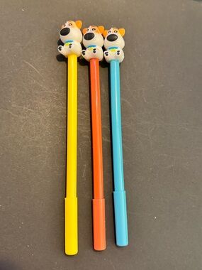 Cute Cartoon Dog Topper Kids Pens – Yellow, Orange, Blue (Set of 3)